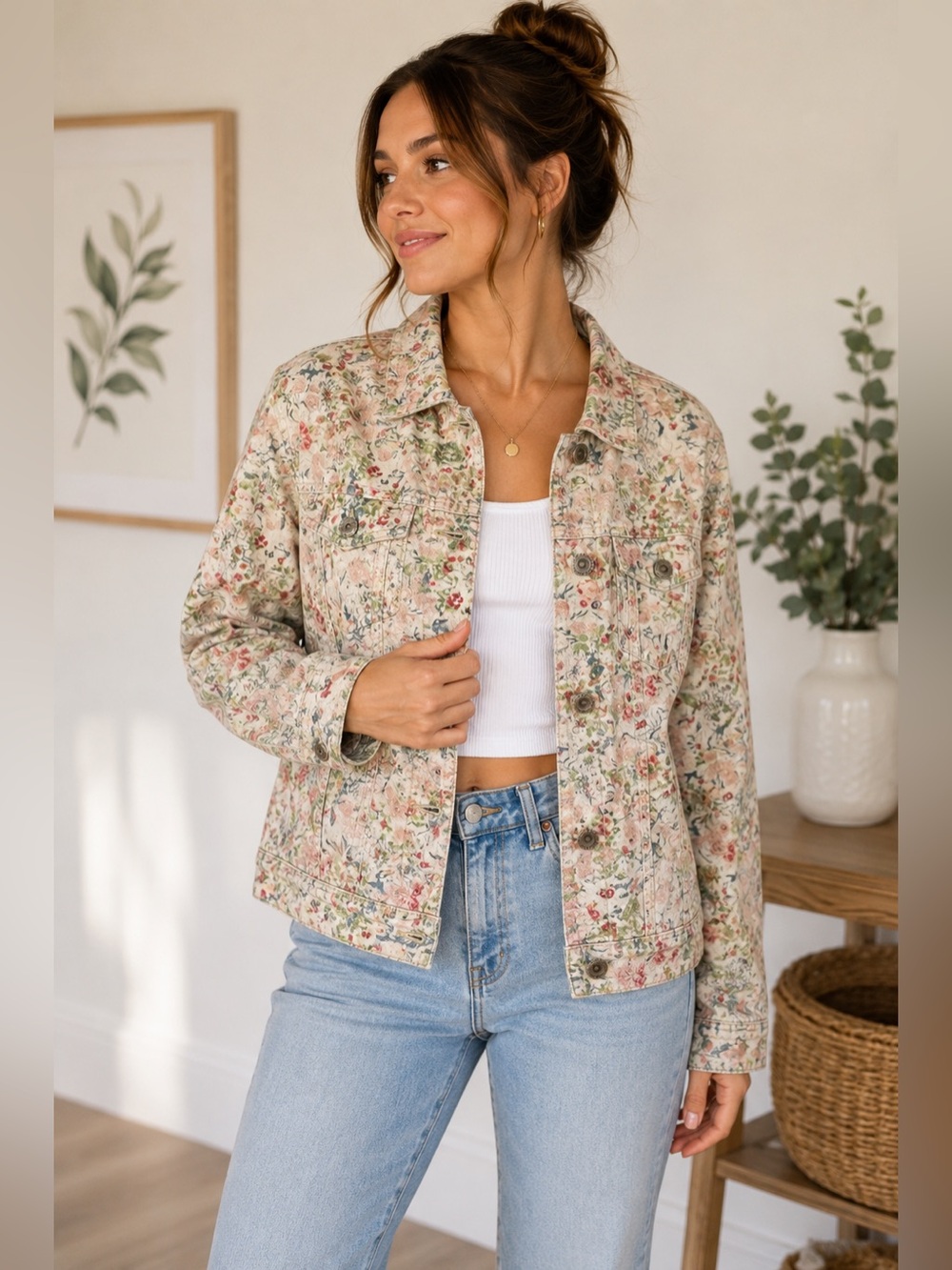 Christopher & Banks Floral Denim Jacket Cottagecore Botanical Print Size Medium